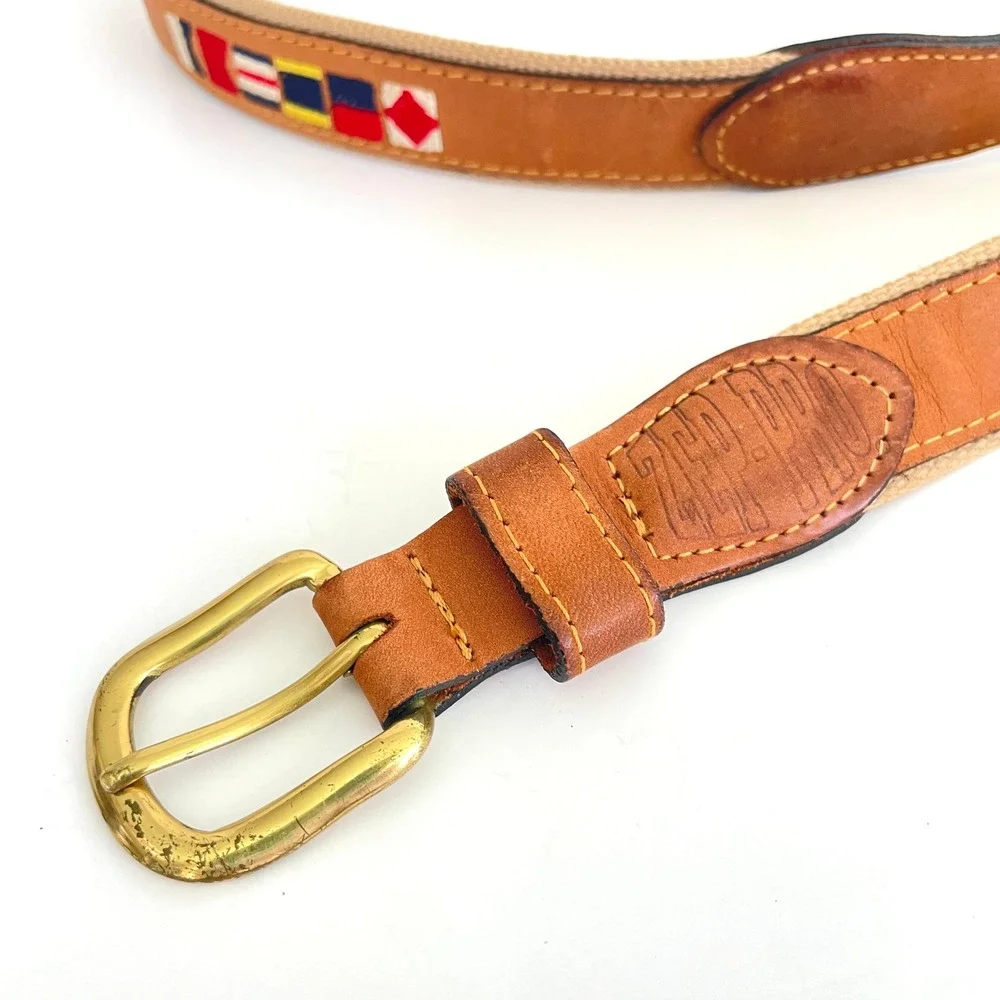 Zep-Pro Mens Nautical Signal Flag Leather Canvas Belt Brown Tan Size 46 USA Made